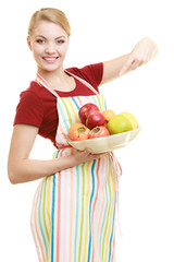 housewife or seller offering healthy fruit isolated