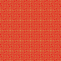 Golden seamless Chinese window tracery polygon flower pattern background.
