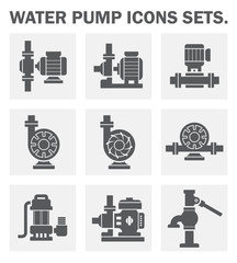 Water pump icon i.e. centrifugal, rotary, submersible and well pump. Powered by electric motor, engine and hand. For water supply infrastructure, wastewater treatment, plumbing and irrigation. 