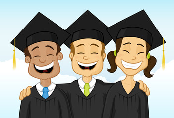 Happy multiracial graduates vector cartoon illustration