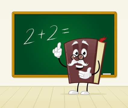 Teacher book mascot teaching math in classroom vector cartoon illustration
