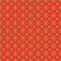 Golden seamless vintage Chinese window tracery polygon star flower pattern background.

