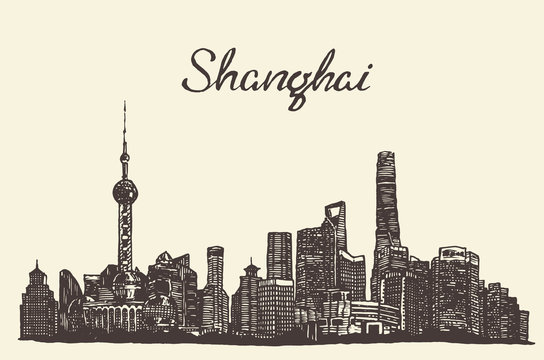 Shanghai Skyline Vector Engraved Drawn Sketch