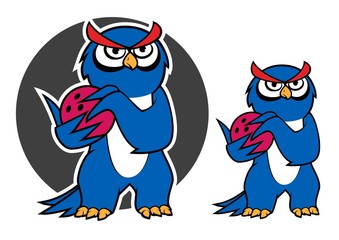 Blue owl character with bowling ball