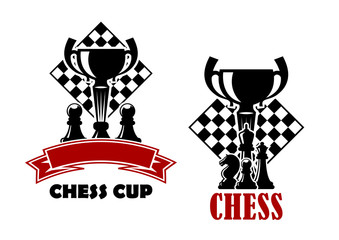 Fototapeta na wymiar Chess game icons with cup and chessmen