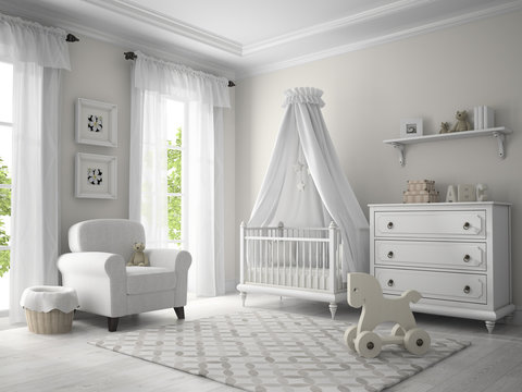 Classic children room white color 3D rendering