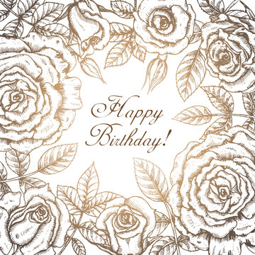 Vintage elegant greeting card with graphic flowers (roses).