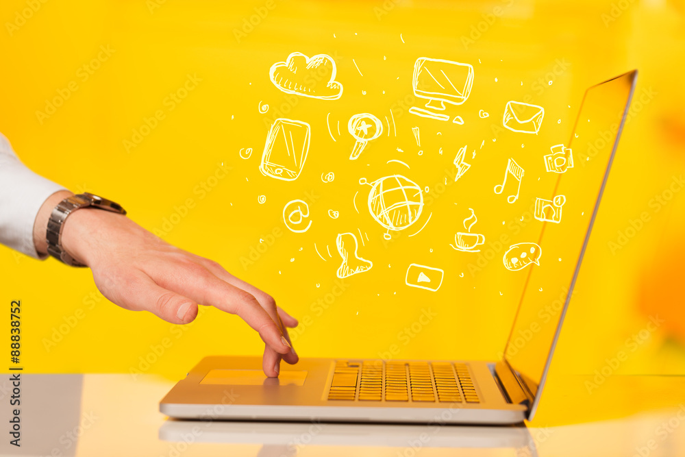 Poster Hand writing on notebook computer with media icons