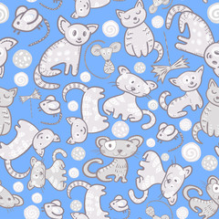 cats and mouses seamless doodle pattern.