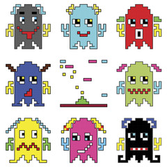 Pixelated robot emoticons 1 shooting spaceship element inspired by 90's computer games showing different emotions  
