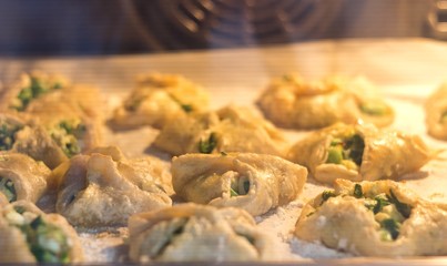 Baking homemade puff pastry cakes with onion and egg in oven. Blurred background