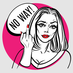 Beautiful woman showing middle finger. Pop art poster. - 88842104