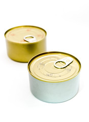 closed tin can with open key on white background , selective foc