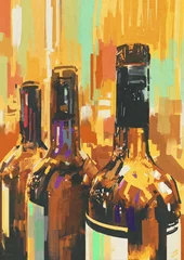 Papier Peint photo Lavable Grand échec peinture colorée avec une bouteille de vin, illustration