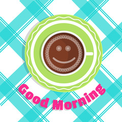 Vector card Good morning. A cup of coffee on the table - top view