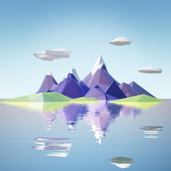 low poly mountain landscape with water