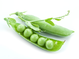 Open pea pod on a white background.
