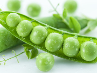 Open pea pod on a white background.