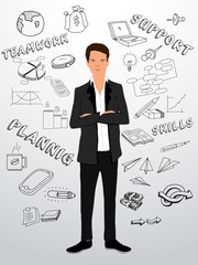 Young businessman with various infographic elements.