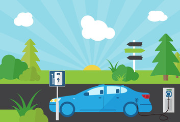 Charging an electric car at the power station side view, flat vector illustration