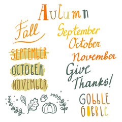 Hand drawn cute vector autumn lettering set