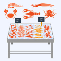 Supermarket shelves with fresh seafood.