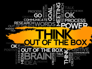 THINK OUT OF THE BOX. Word business collage, vector background