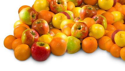apples and orange on a white background