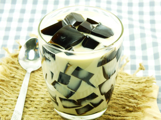 milk tea with black jelly in clear glass on white background