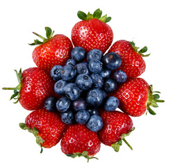 Fresh Juicy Strawberry with blueberry. Isolated on white 