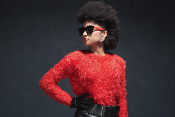 Woman in Fuzzy Long Sleeved Shirt with Shades