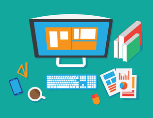 Flat Style Modern Design Concept of Creative Office Workspace. Icons Collection of Business Work Flow Items and Elements, Office Things, Objects and Equipment for Workplace Design. Vector Illustration