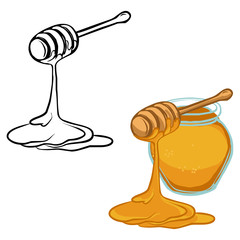 glass of honey, bank of honey, wooden honey dipper and honeycomb