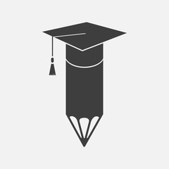 Graduation cap and pencil icon. Isolated on white background. Vector illustration.