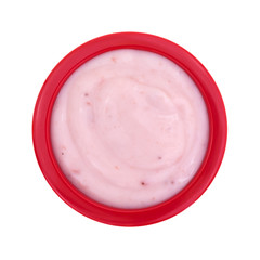 Strawberry yogurt in a small red bowl