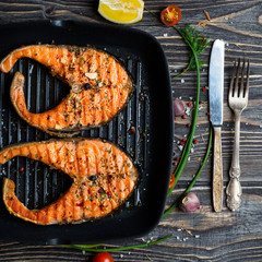 Grilled steaks salmon