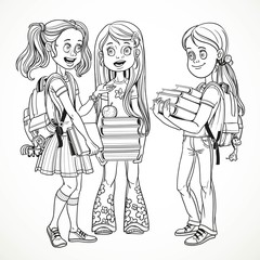 Fototapeta na wymiar Company schoolgirl with textbooks and backpacks stand talking li