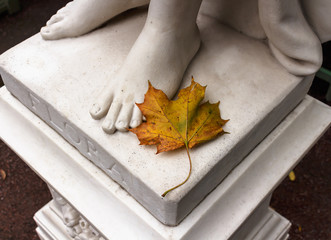 Dried maple leaf on the basement of statue of Godess Flora