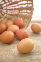 hen eggs on the wood desk