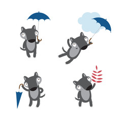 Vector autumn set with four cute cartoon wolves in different poses, umbrellas and autumn leaves.