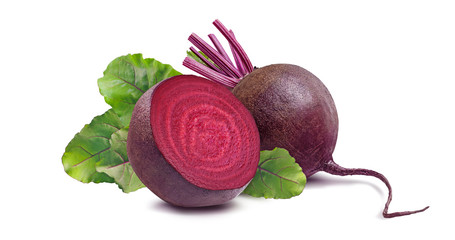 Whole beet root and half isolated on white background