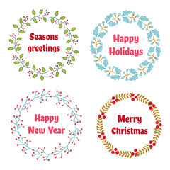 Vector Christmas and New Year wreath set with vintage flowers.