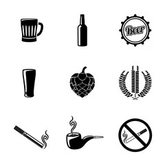 Pub and beer icons set with - Glass, mug, bottle, hop, wheat