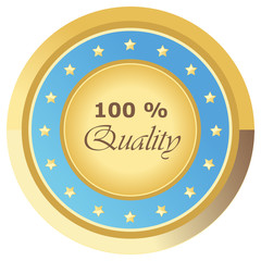 Runder 100% Quality Button in hellblau auf weißem Hintergrund