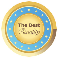 Runder The Best Quality Button in hellblau auf weißem Hintergrund