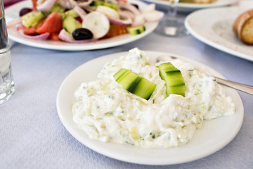 Tzatziki sauce with fresh yougurt, cucumber, garlic, herbs in greek taverna