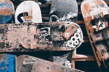Background from old and scratched boards skateboard - obrazy, fototapety, plakaty