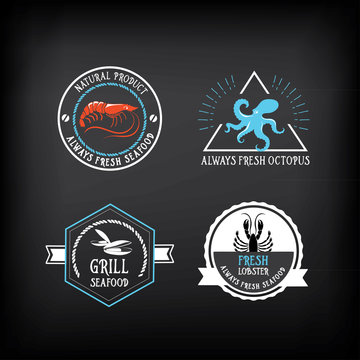 Seafood menu and badges design elements.