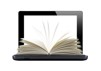 Black laptop and openned book isolated on white