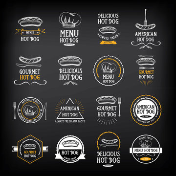 Hot dog badges and menu design elements.